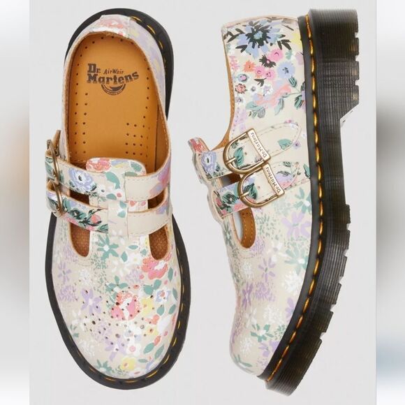 🩵NIB Dr. Martens Parchment Beige Floral Virginia Leather Mary Jane Size 8 - Picture 12 of 16